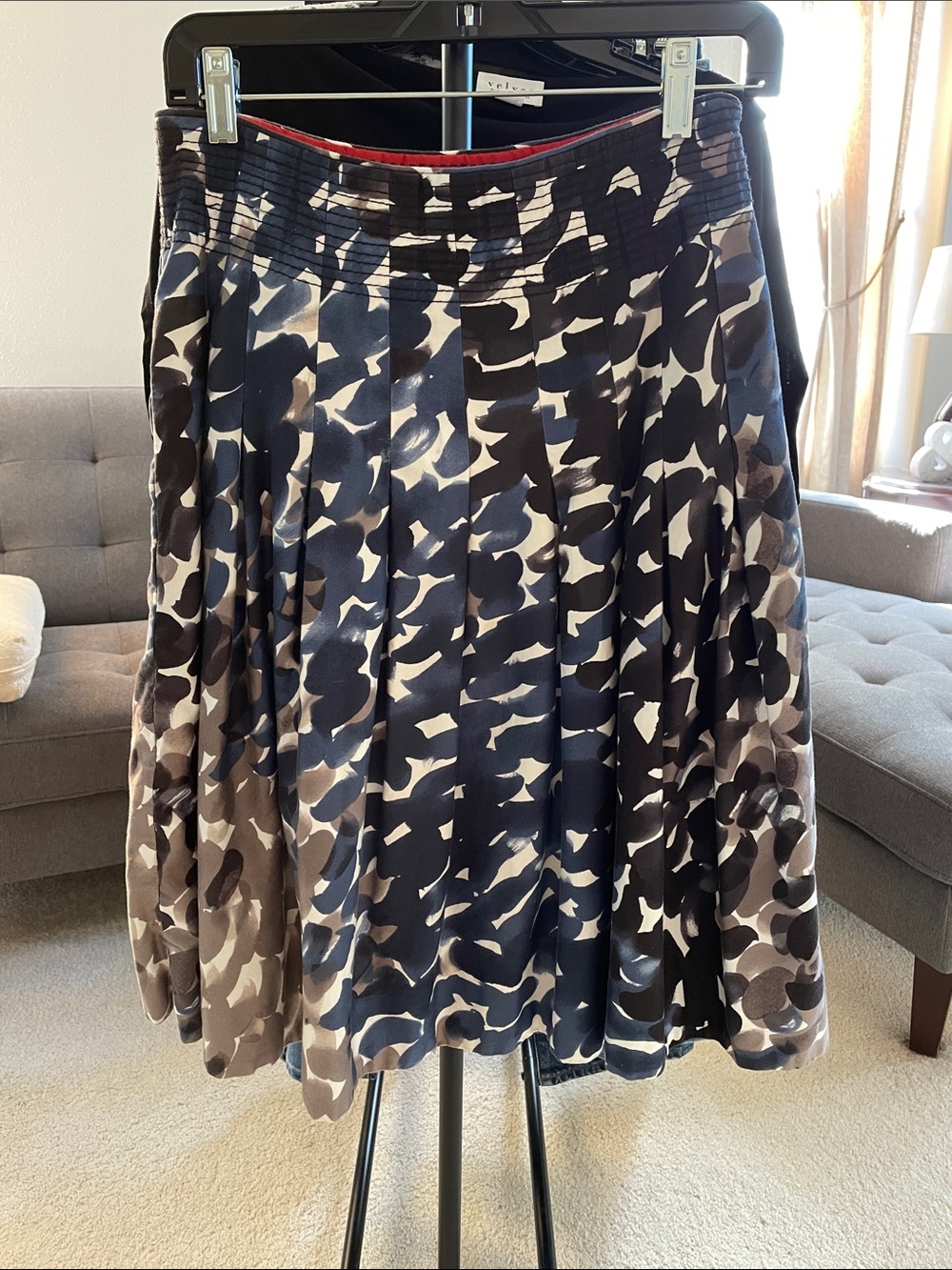 Maeve Women's Black Navy Cream Olive Pleated A-Line Skirt Brushstroke Pattern 2